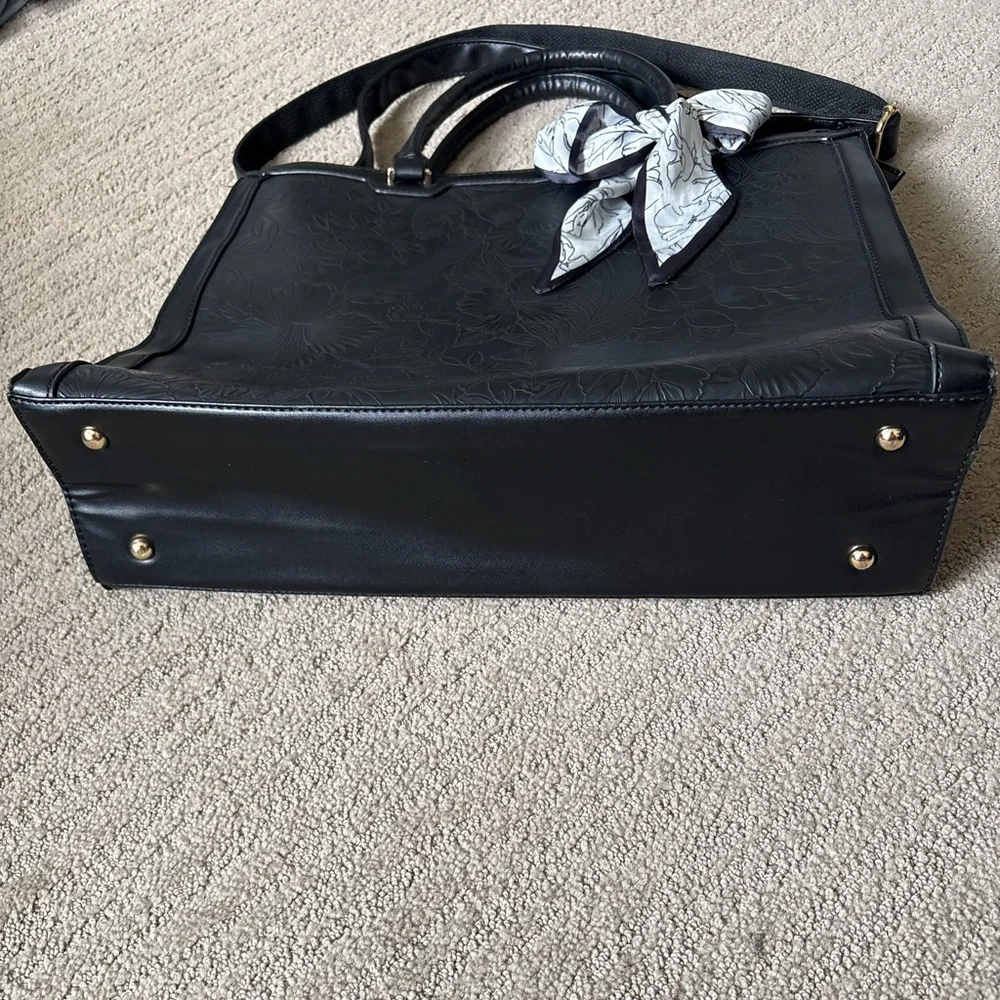 Black Floral-Embossed Laptop Tote with Scarf Accent